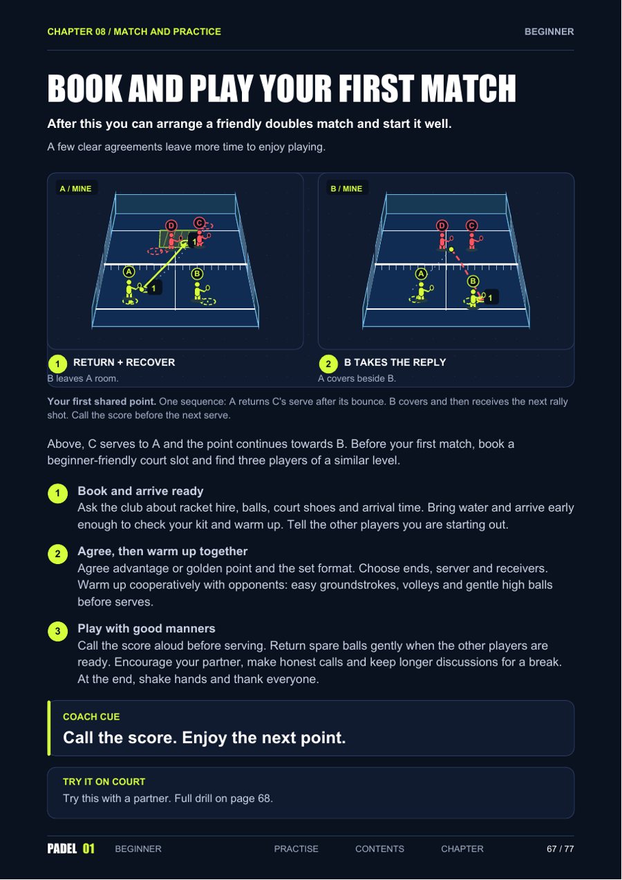 Guide page: Book and play your first match.
