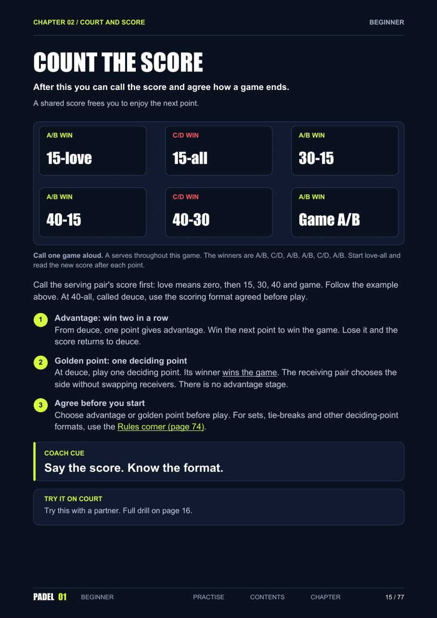 Guide page: Count the score, from 15-love to game.